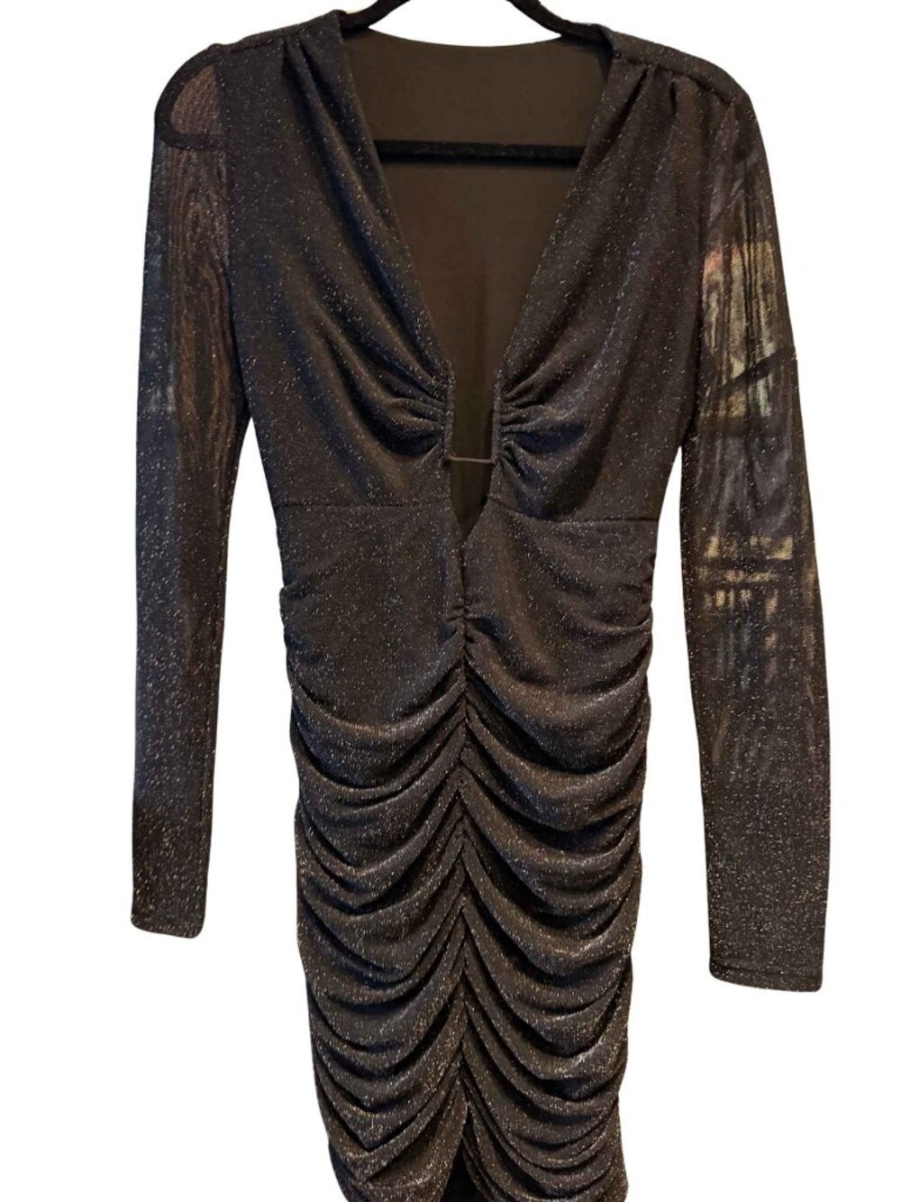 SHEIN BAE Black Sparkle Ruched Bodycon Dress Size Large NWT